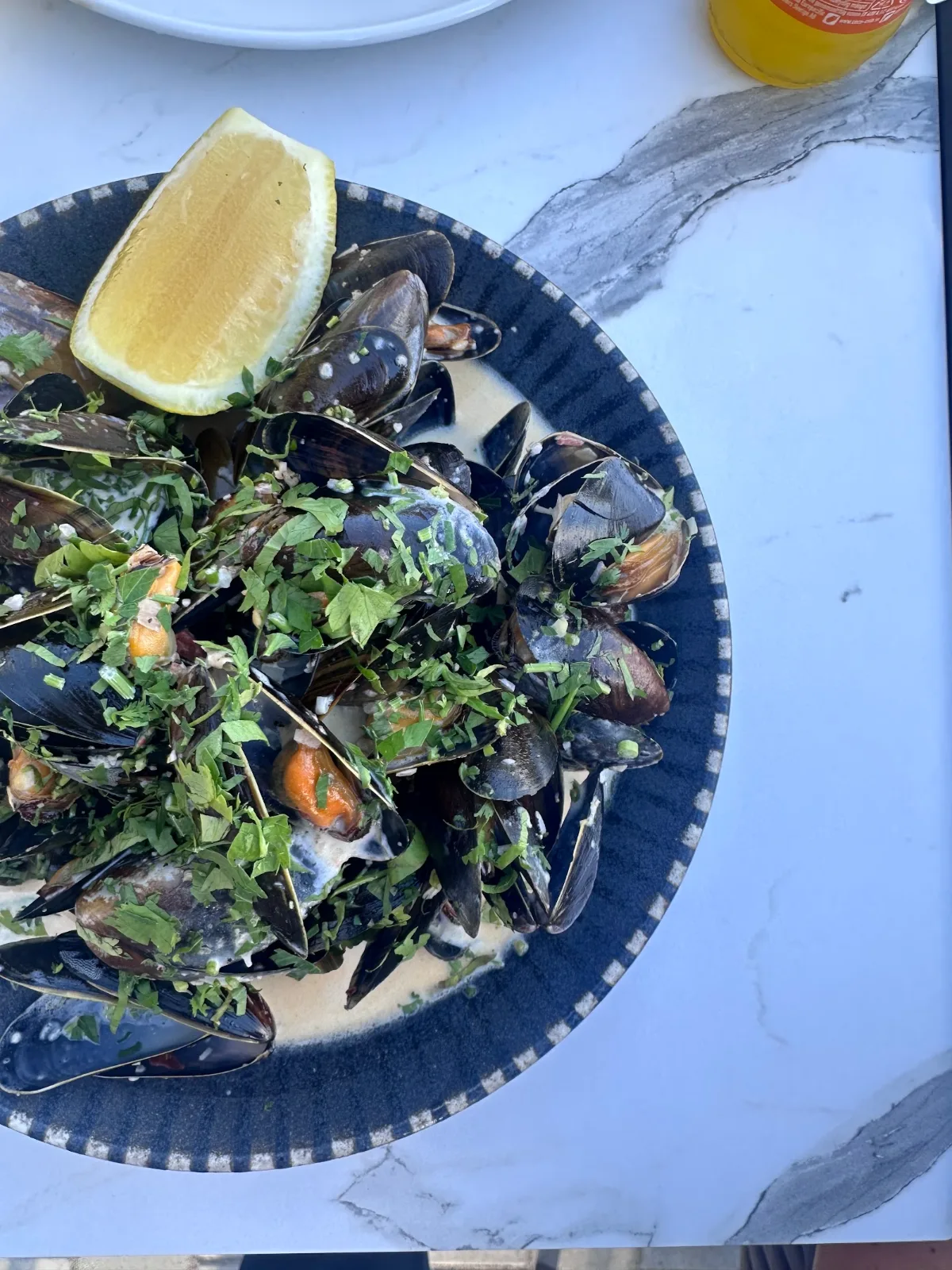 Moules frites, blåmusslor med vitlök och grädde, på Bryggan